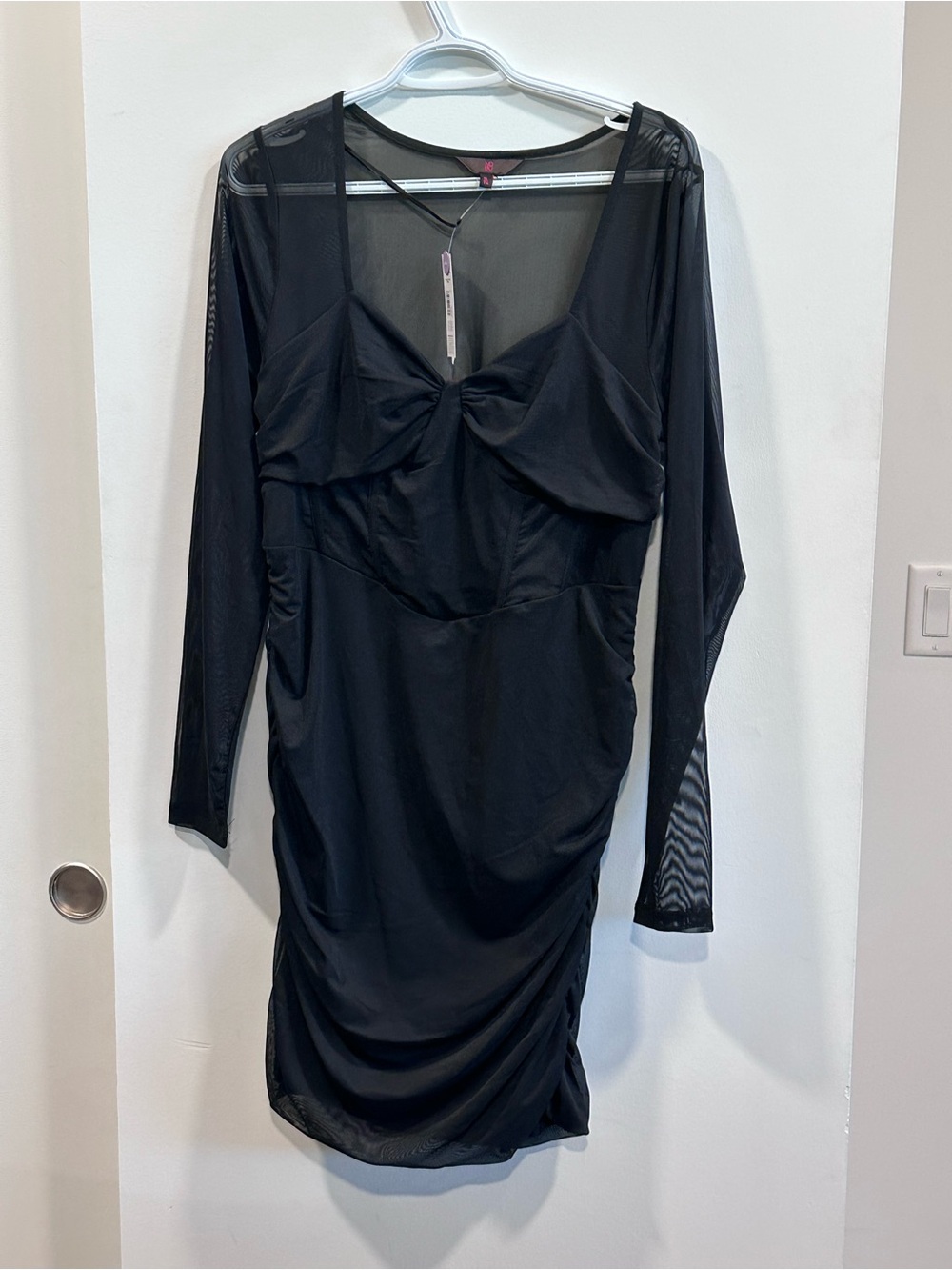 No Boundaries Black Long-Sleeve Mesh Ruched Sheath Dress